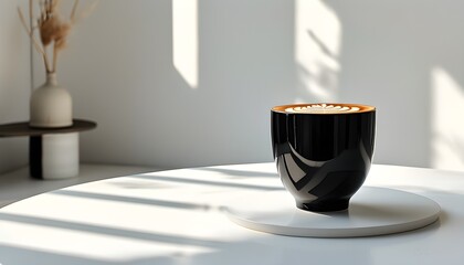 Elegant black ceramic mug showcasing latte art on sunlit white table in a minimalistic indoor ambiance