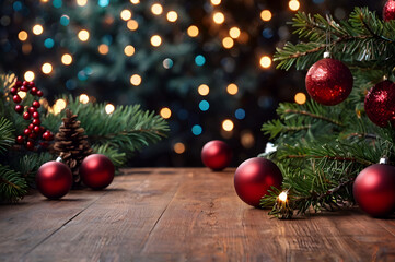 empty wooden table, cones, ball christmas tree, lights on background, blurred bokeh. christmas mock 