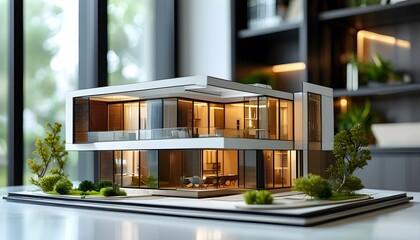 Innovative architect designing a modern house model in a vibrant office, highlighting intricate design elements