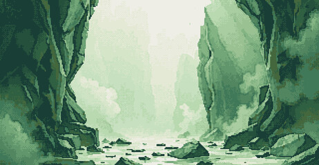 Wall Mural - Green cliffs and sun rays in fog, Pixel art style