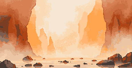 Wall Mural - An entering in an endless brown cliff-side, Fantasy pixel art style