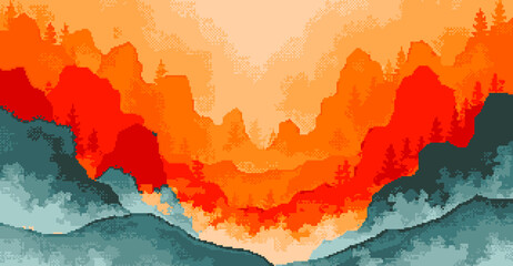 Wall Mural - Red to orange gradient nature with trees and cliffs, Layered pixel art style