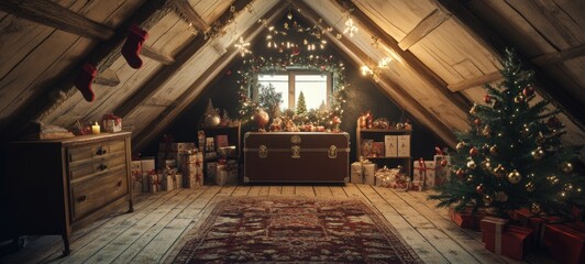 A Christmas-themed attic, with old holiday decorations