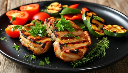 Wall Mural - Savory Grilled Pork Chop Accompanied by Roasted Vegetables and Fresh Herbs on a Sleek Black Plate