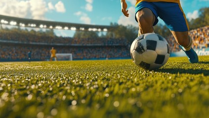 A soccer player in blue shorts and a yellow shirt dribbles the ball on green grass, with a stadium and stands full of fans in the background Generative AI