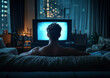 © Michael - A shirtless man sitting on a bed and watching erotic film in the television in the dark. Adult films addiction