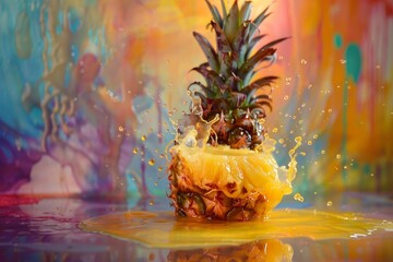 Vibrant pineapple splash with multicolor background