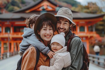 a family of three, a man, a woman and a child, are smiling, generative ai image