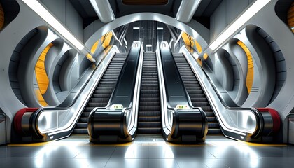 Futuristic escalator design in a sleek modern building or subway environment