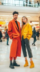 Trendy fashionable couple wearing vibrant orange clothes, stylish duo in modern outfits, fashion concept