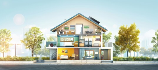 Cutaway Illustration of Energy Efficient Residential Building with Solar Panels and Smart Home Systems