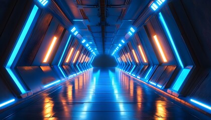 Wall Mural - Illuminated futuristic blue tunnel corridor with vibrant glowing lights