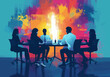 © Perfect Vector - Creative Team Brainstorming New Ideas in Modern Office during Evening, Colorful Abstract Background, Collaboration, Innovation, Business Meeting Concept