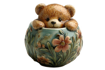 a teddy bear in a pot.