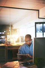 Leinwandbilder - Dark, tablet and black man in office for finance, report or economy research for company development. Auditor, businessman or tech in workplace for deadline, accounting or business taxes in glasses