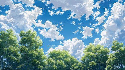 Wall Mural - ideal backdrop of blue sky white clouds and trees