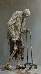 Wall Mural - A Skeleton Figure with a Walker, a Haunting Portrait of Mortality