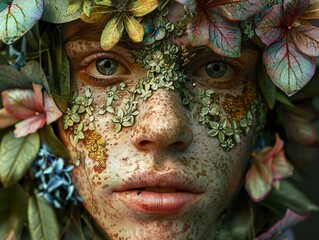 Wall Mural - Floral Fantasy Portrait: Woman with Flowers and Leaves