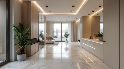 Poster - modern interior design with white marble floors and minimalist decor