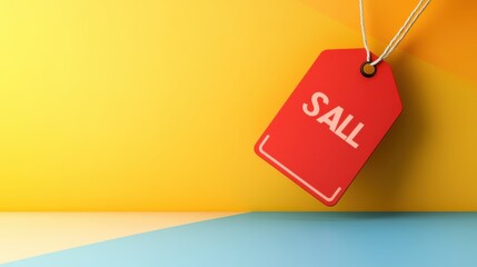 A floating sale tag with sharp edges and bold red text, placed against a bright, colorful background for maximum visibility.