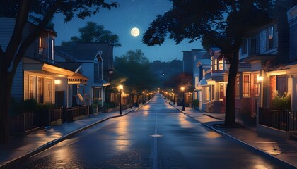 Wall Mural - mysterious illuminated street at night with shadows and soft glow from streetlights