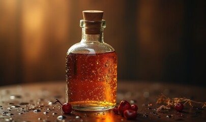 A beautifully lit bottle of amber liquid exuding warmth and richness, perfect for wellness, culinary, or beverage-related themes.