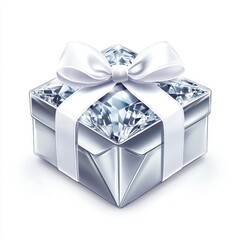 A luxurious diamond gift box with a shiny silver design and a satin ribbon, perfect for celebrations and special occasions, white background