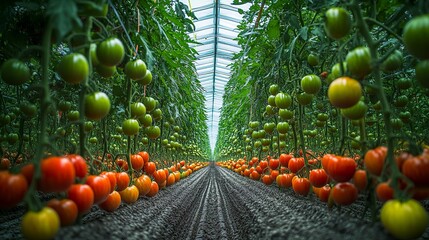 Organic greenhouse tomato production encompasses the maturation process of the fruit, utilizing sustainable techniques. 