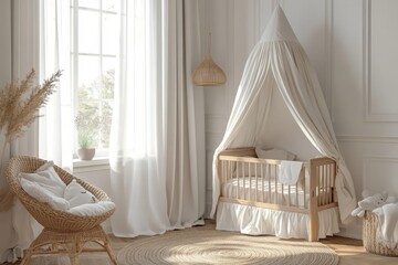 Poster - Bright and airy light grey minimalist baby room featuring a cozy crib, soft textiles, and natural decor in a serene, inviting atmosphere perfect for a newborn