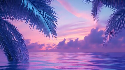 Wall Mural - blue tropical palm fronds swaying in the ocean breeze set against a sunset sky with pink and purple 