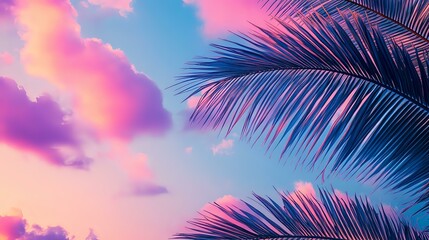 Wall Mural - blue tropical palm fronds swaying in the ocean breeze set against a sunset sky with pink and purple 