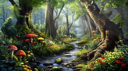 Wall Mural - Enchanted Forest: A Whimsical Journey Through Mystical Landscapes and Magical Creatures