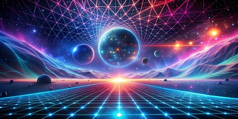 Retro sci-fi grid landscape with cosmic planets and vibrant starry background