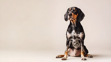 Wall Mural - A Bluetick Coonhound sitting majestically on a light solid color background, showcasing its distinctive coat patterns and attentive expression.
