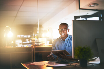 Leinwandbilder - Portrait, tablet or black man in dark office for business, progress or research for web design. Programmer, happy or glasses at tech for software development, career growth or excited for new project