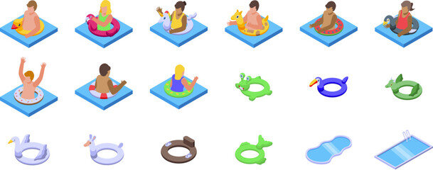 Wall Mural - Kids swim rubber ring icons set. People are enjoying their time on inflatable rings of different shapes, swimming pool top view