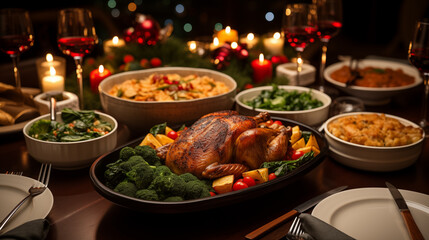 Wall Mural - A top-down view of a beautifully set Christmas Eve table, featuring food