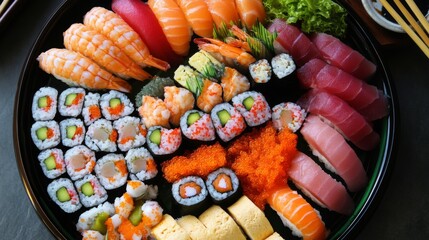 Wall Mural - An overhead view of a seafood sushi assortment, including salmon, tuna, and shrimp nigiri, with colorful maki rolls, served on a stylish platter with chopsticks.