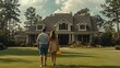 © SKIMP Art - A young couple, accompanied by a real estate agent, stands in front of a house, examining the exterior They walk hand in hand towards the property Generative AI