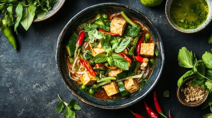 An overhead view of a traditional Thai noodle dish with mixed vegetables, tofu, and a savory sauce, served with a side of fresh herbs and sliced chilies.