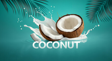 Coconut with splash of milk and tropical leaves for vibrant summer drink imagery