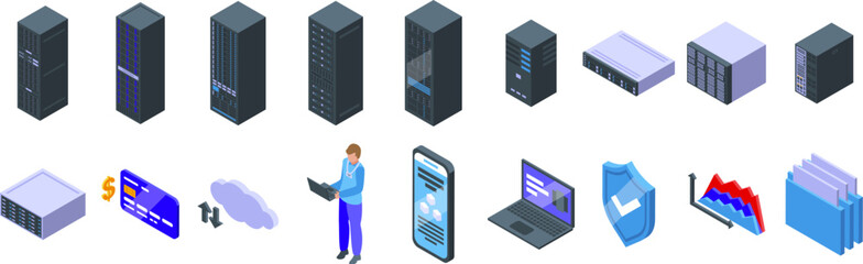 Wall Mural - dedicated server icons set. system administrator working on laptop, managing data storage, server an