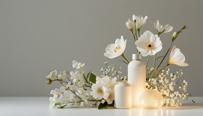 Canvas Print - Elegant Product Showcase Featuring White Flowers and Soft Illumination