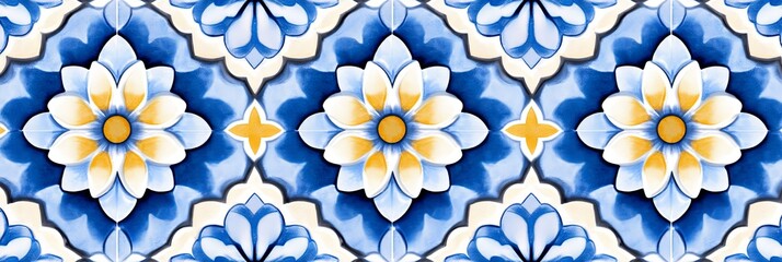 Wall Mural - A vibrant Moroccan-inspired pattern with repeating floral motifs and geometric shapes in blue, white, and yellow