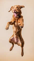 Wall Mural - A playful Chesapeake Bay Retriever jumping in mid-air, capturing its energy and enthusiasm with a light solid color backdrop