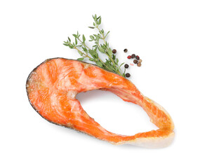 Wall Mural - Tasty grilled salmon steak and spices isolated on white, top view