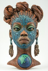 Wall Mural - Detailed carved wooden sculpture of African woman with braids and blue-painted face