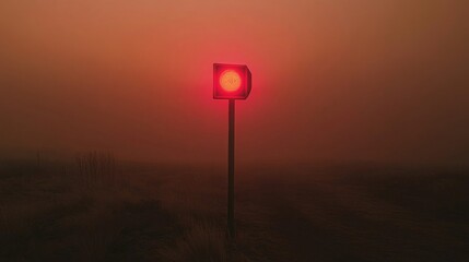Aufkleber - A red signal light stands alone on a pole, casting a faint glow through dense fog during the twilight hours. The environment is obscured, creating a mysterious and atmospheric setting.