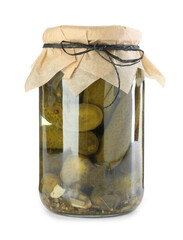 Wall Mural - Tasty pickled cucumbers in jar isolated on white