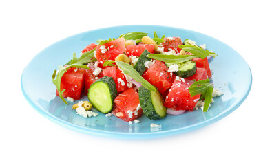 Wall Mural - Tasty salad with watermelon, feta cheese and arugula isolated on white